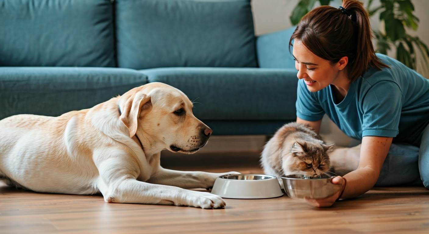 Pet sitter with Labrador and cat