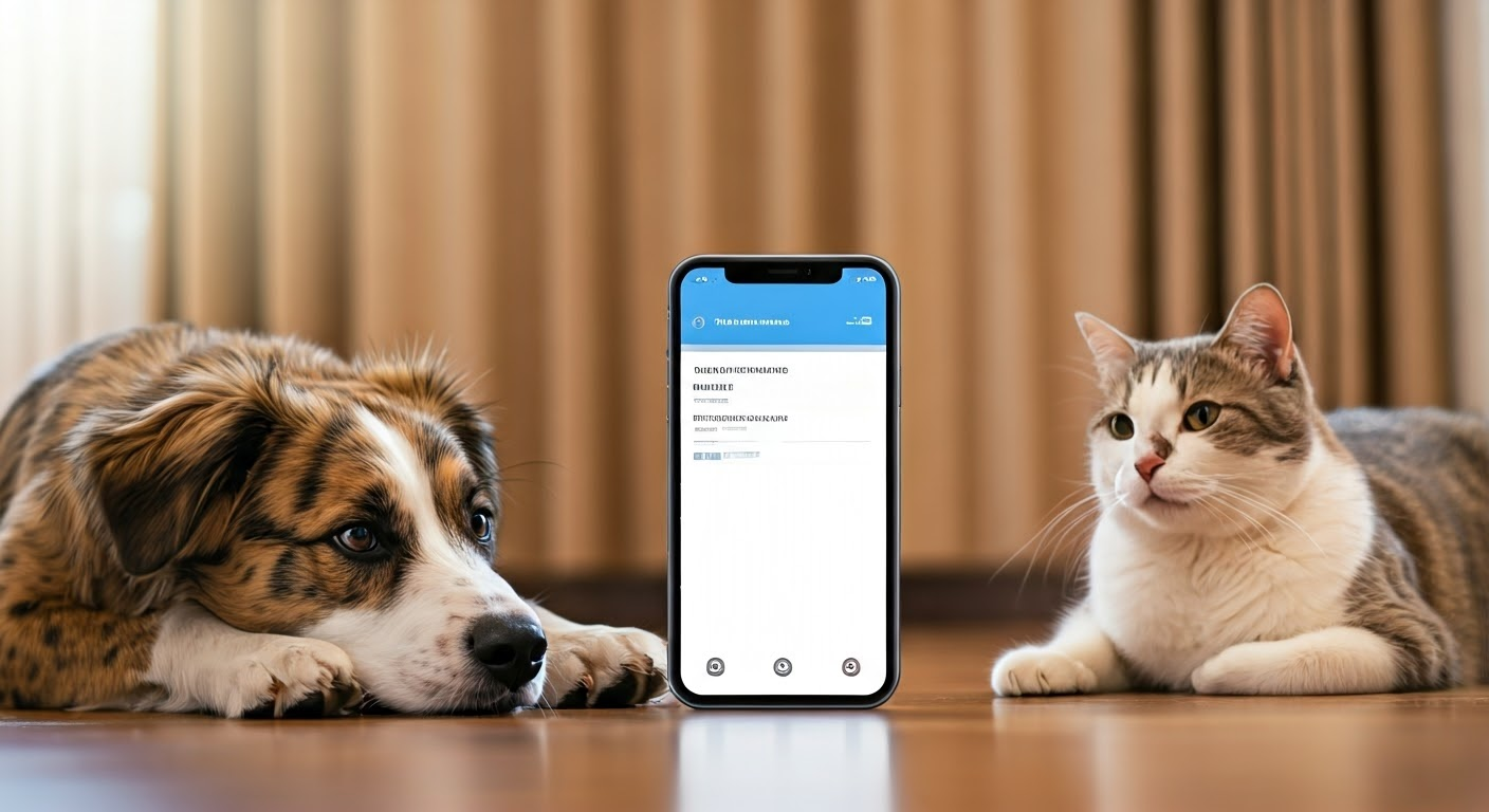 Dog and cat resting with phone app.