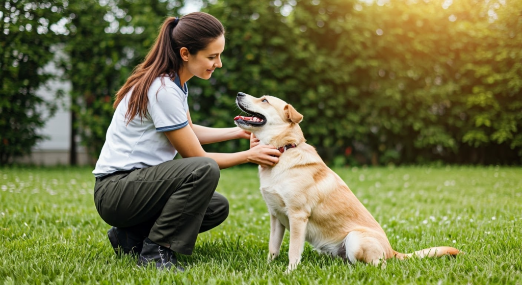 Woman petting Dog in yard.