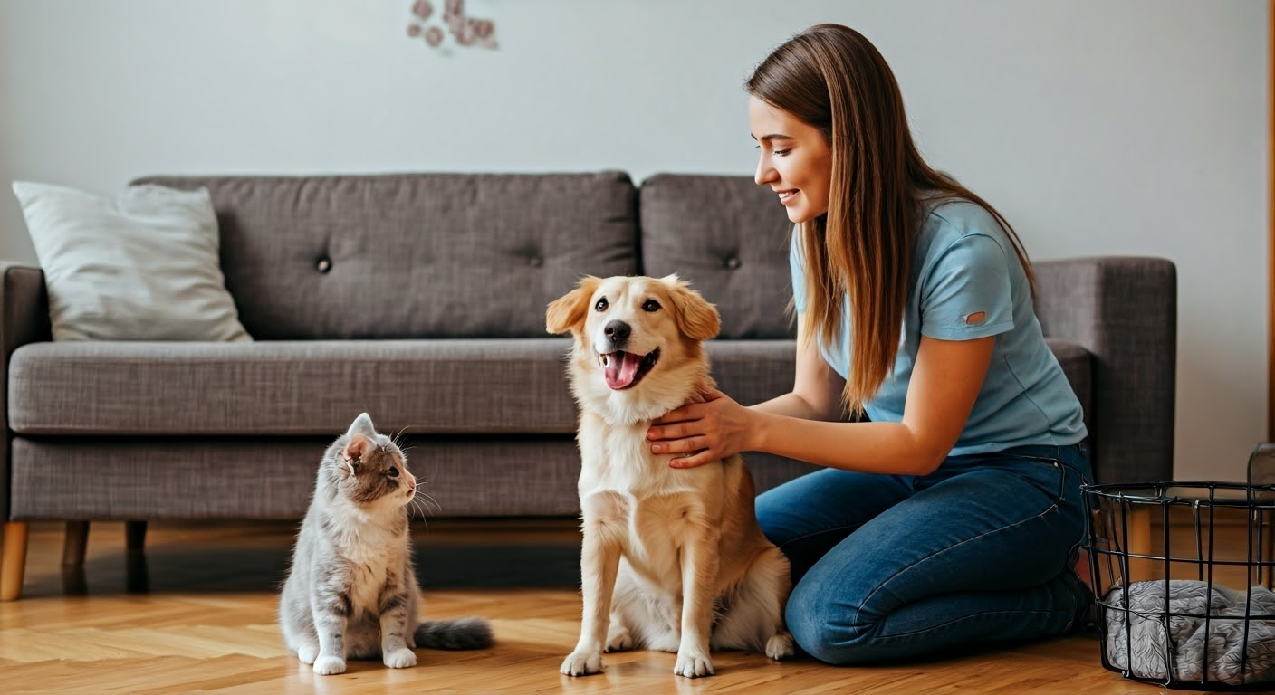 Pet sitter with dog and cat