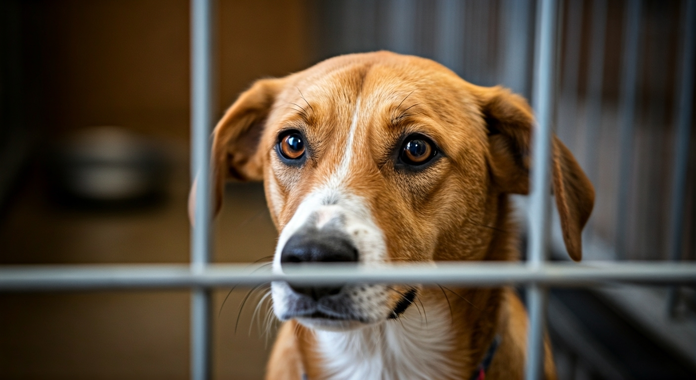 Anxious dog in kennel boarding facility