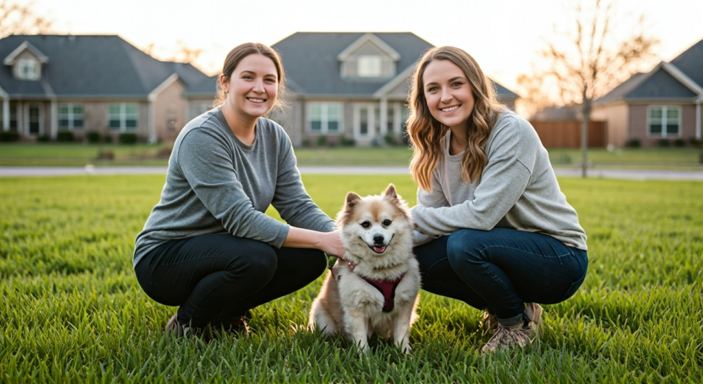 Two girls with dog in front yard