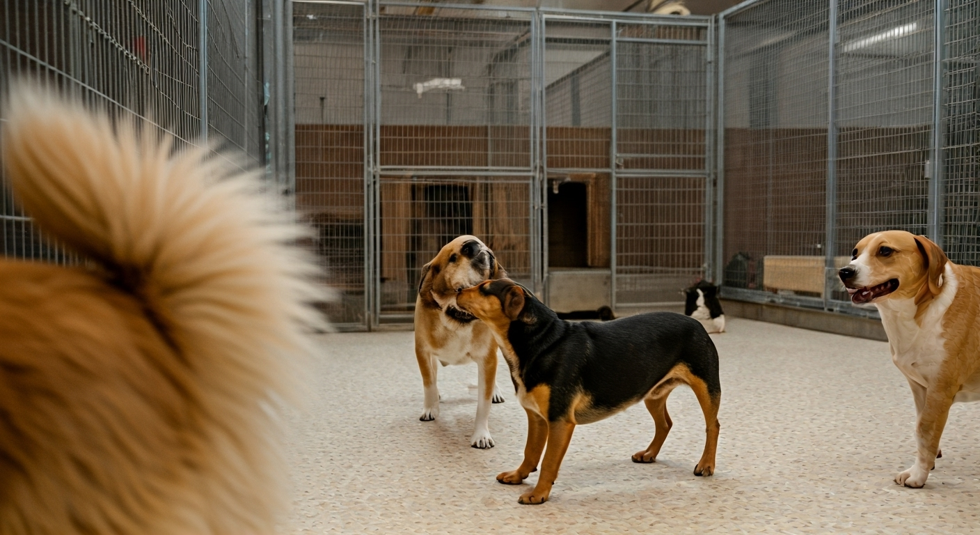 Dogs playing in boarding kennel