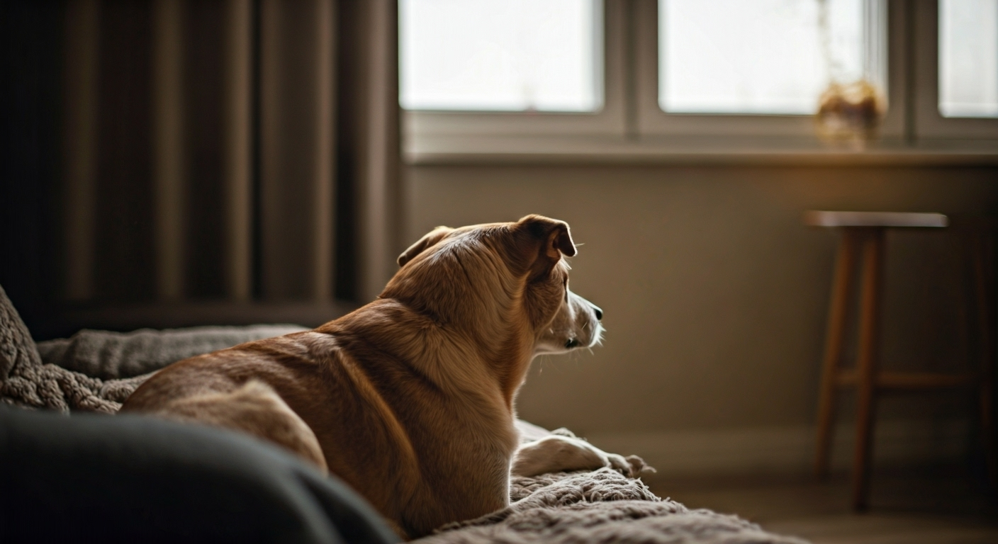 Lonely dog in cozy living room.