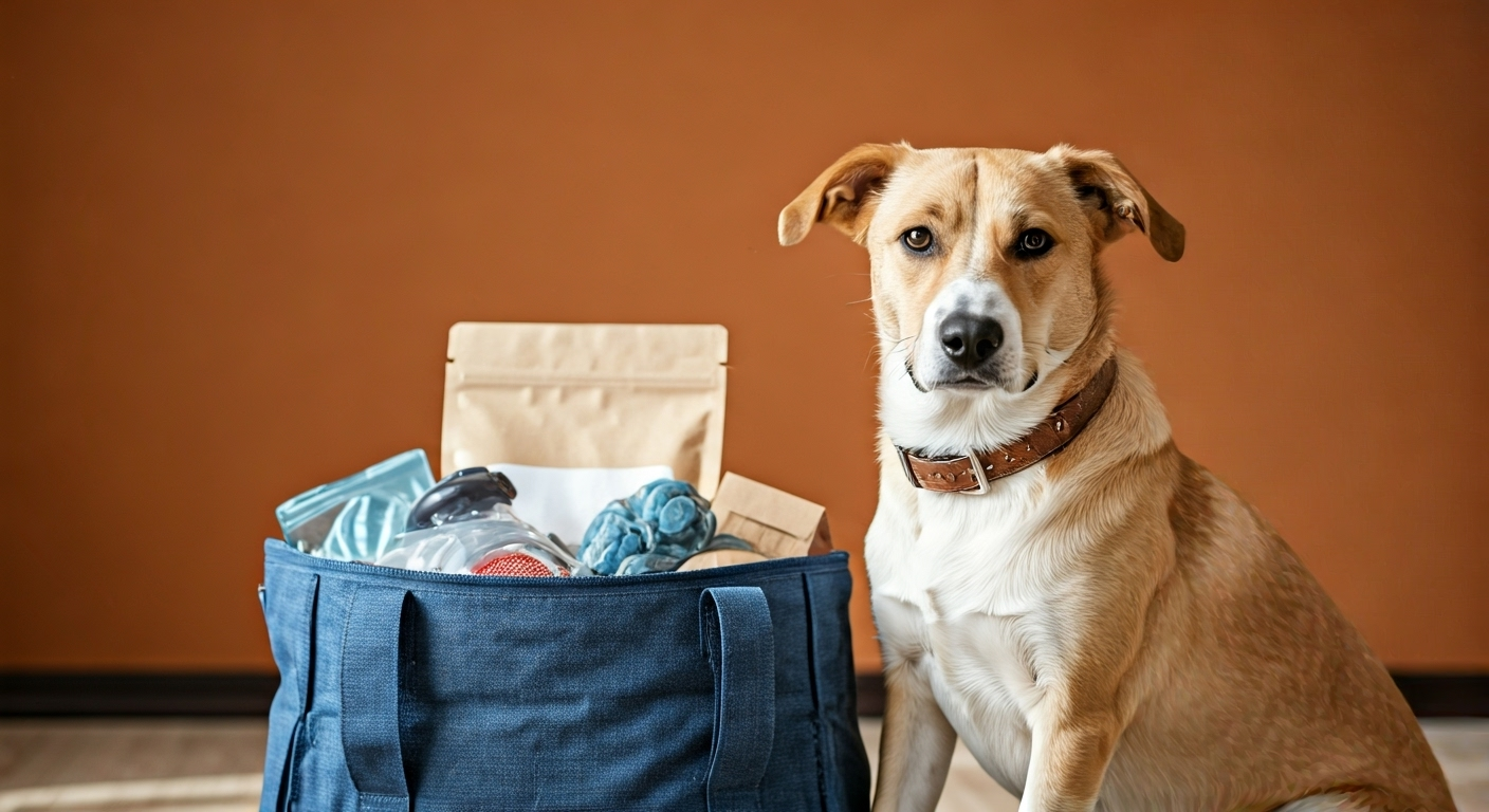 Dog with supplies indoors