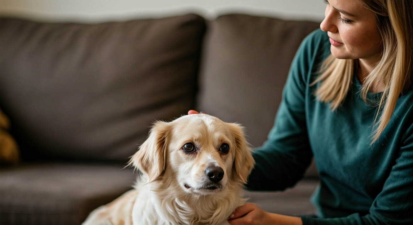 Pet sitter comforting dog at home