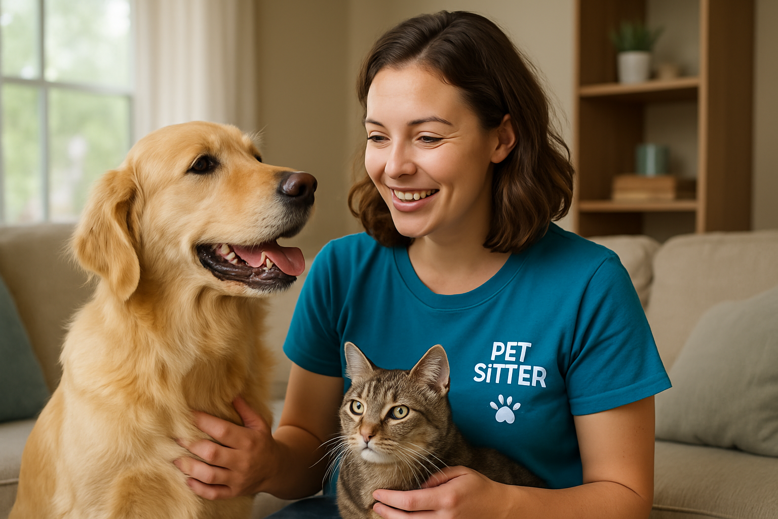 Pet sitter with dog and cat indoors