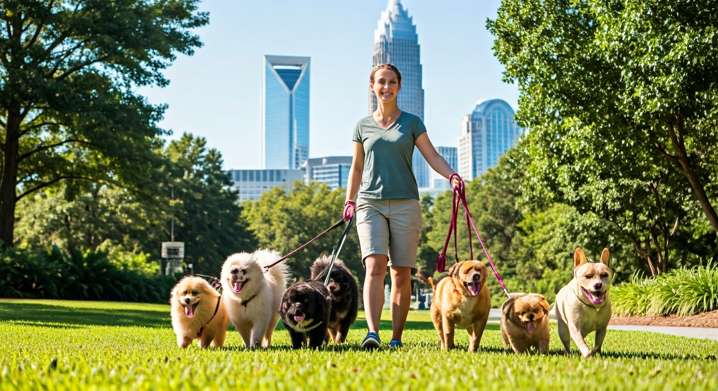 Dog walker with dogs in Charlotte park