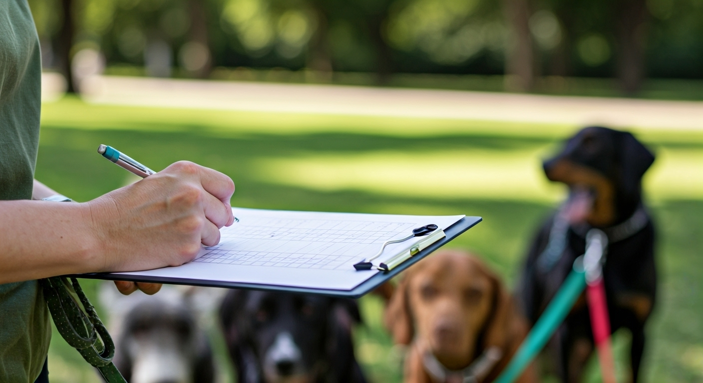 Dog walker with checklist in park