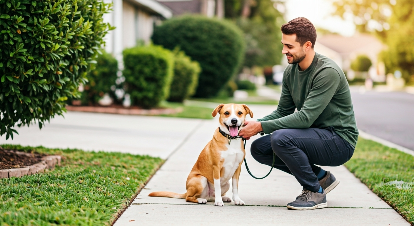 Dog walker greeting happy dog