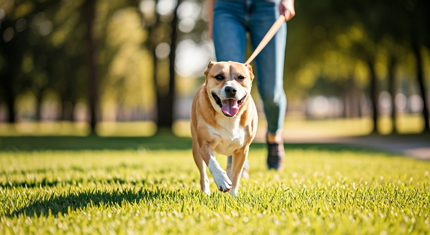 Dog sitter walking energetic dog outdoors