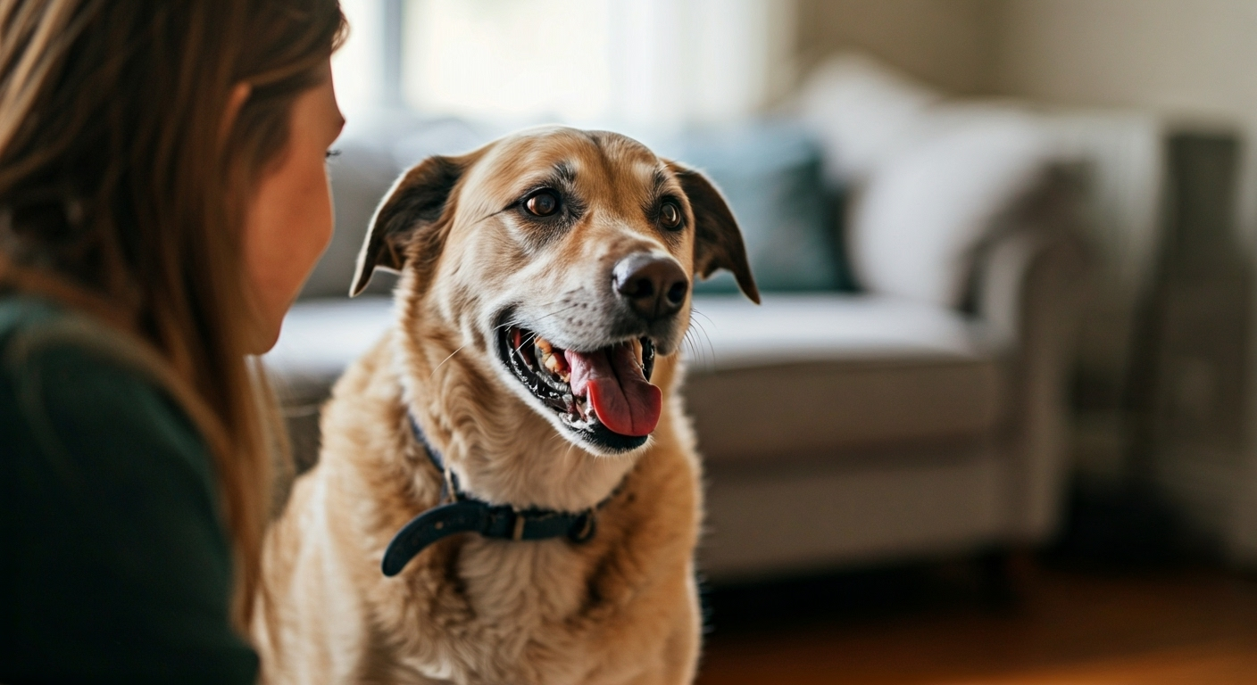 Dog sitter with dog in living room