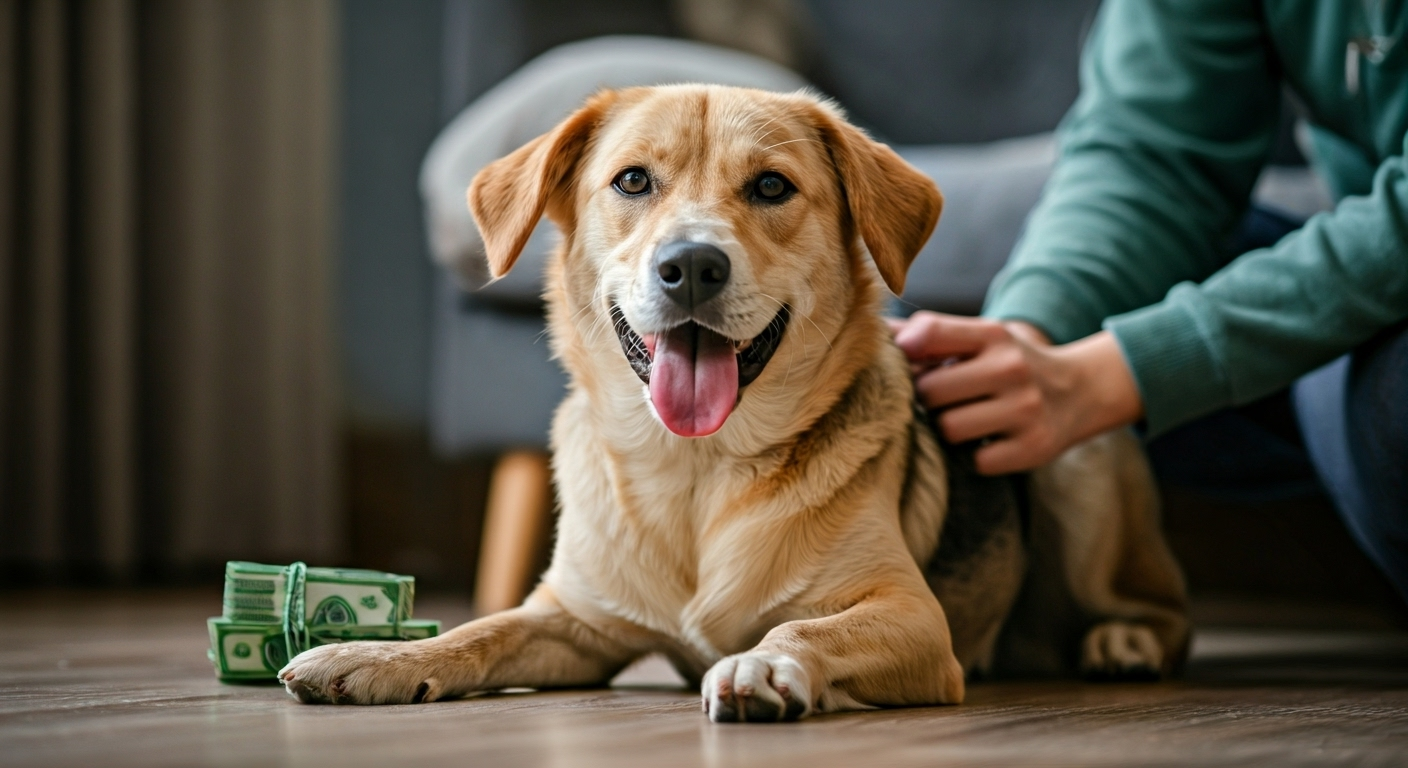 Dog sitter with dog at home, pricing concept.