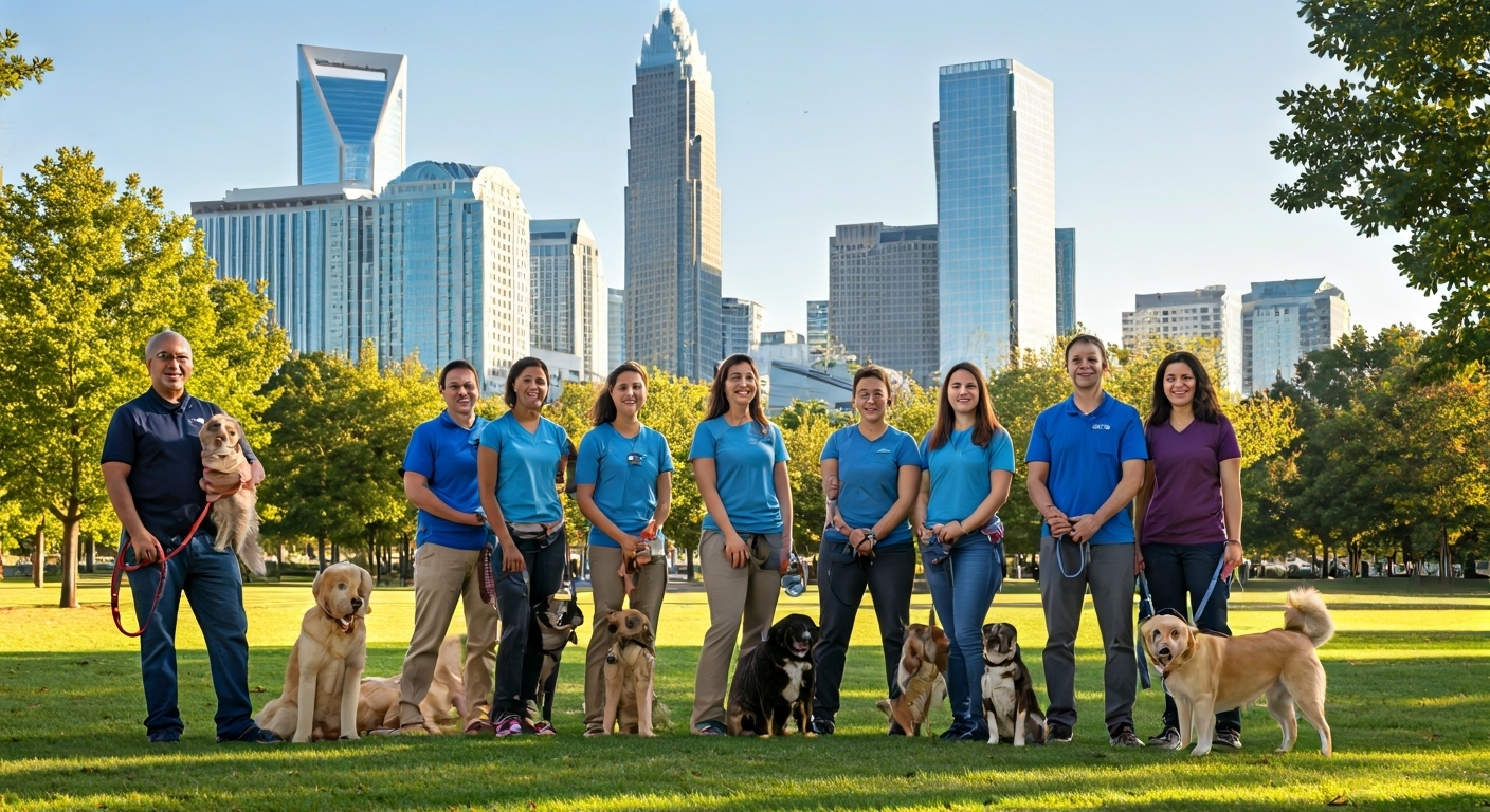 Dog sitters with dogs in park