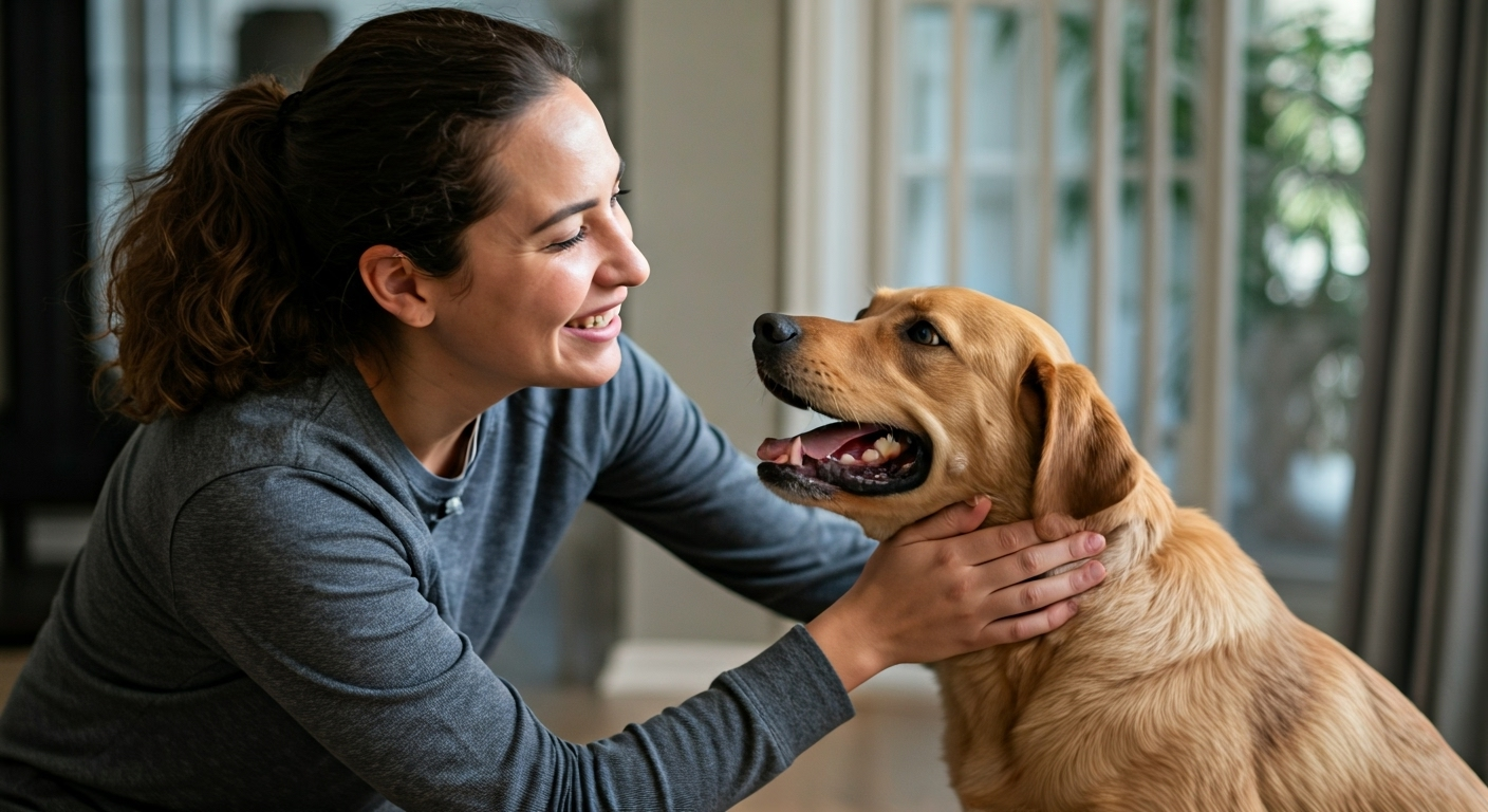 Dog sitter greeting dog at home