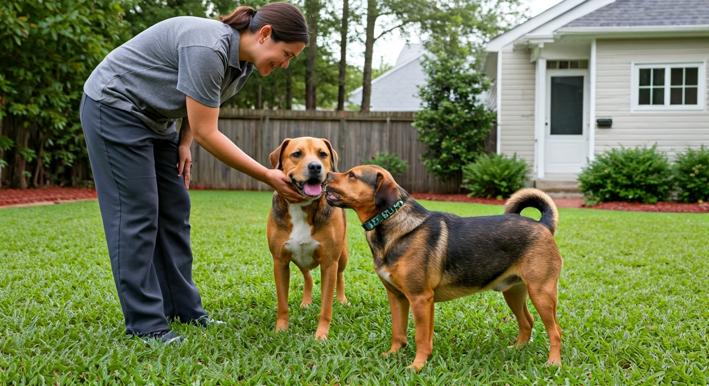 Dog sitter with dogs in backyard