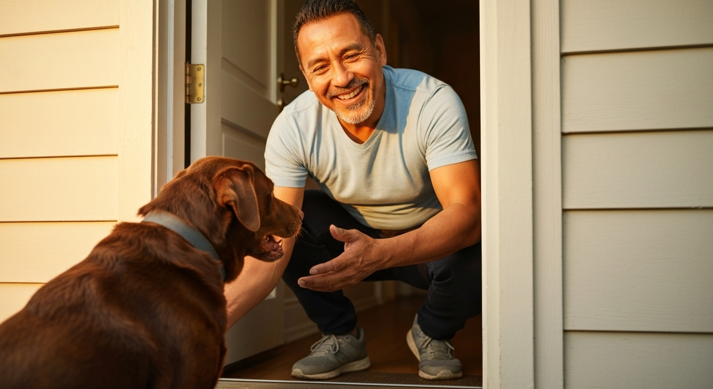 Dog walker greeting dog