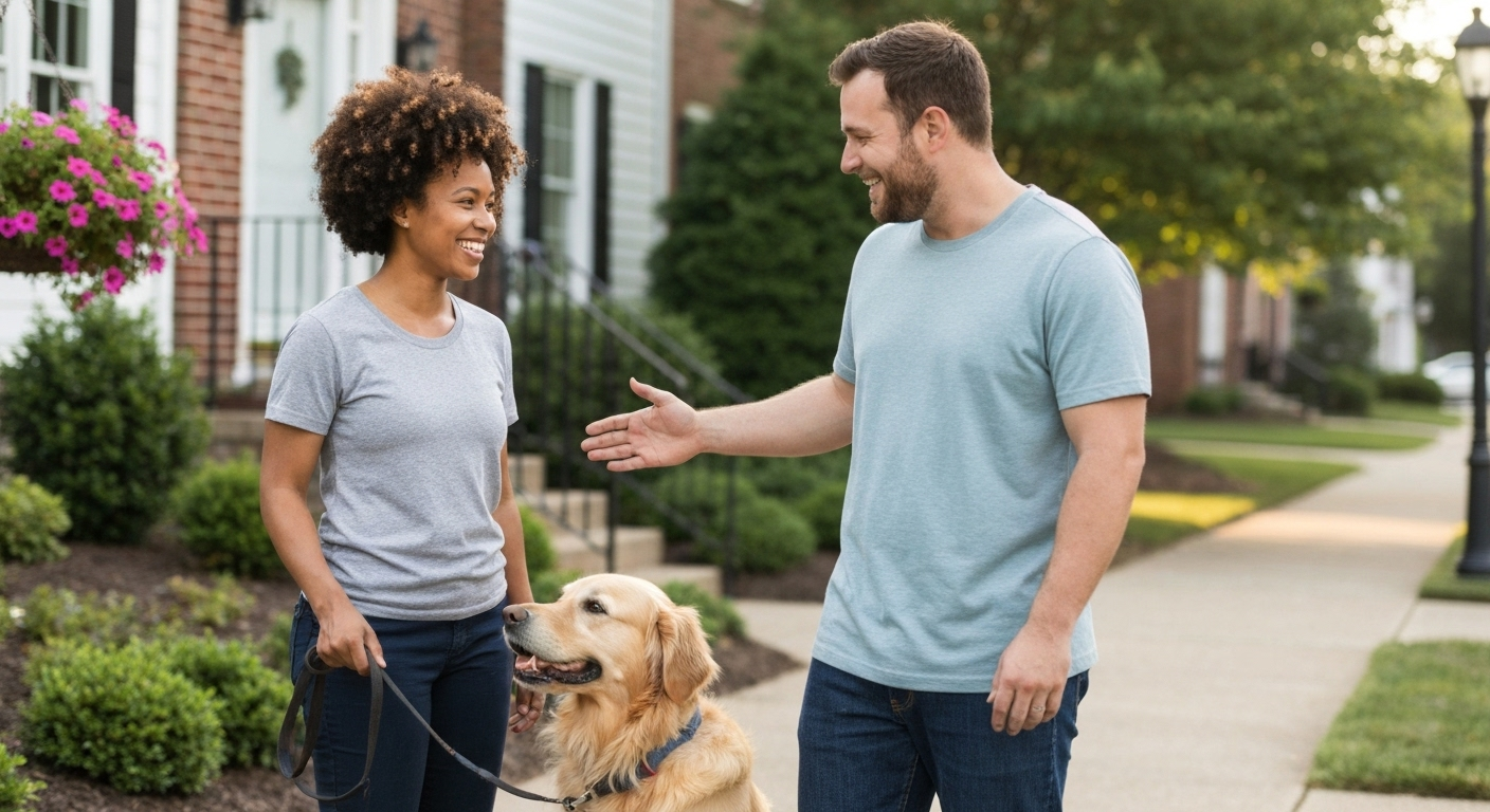 Dog walker meeting dog and owner.