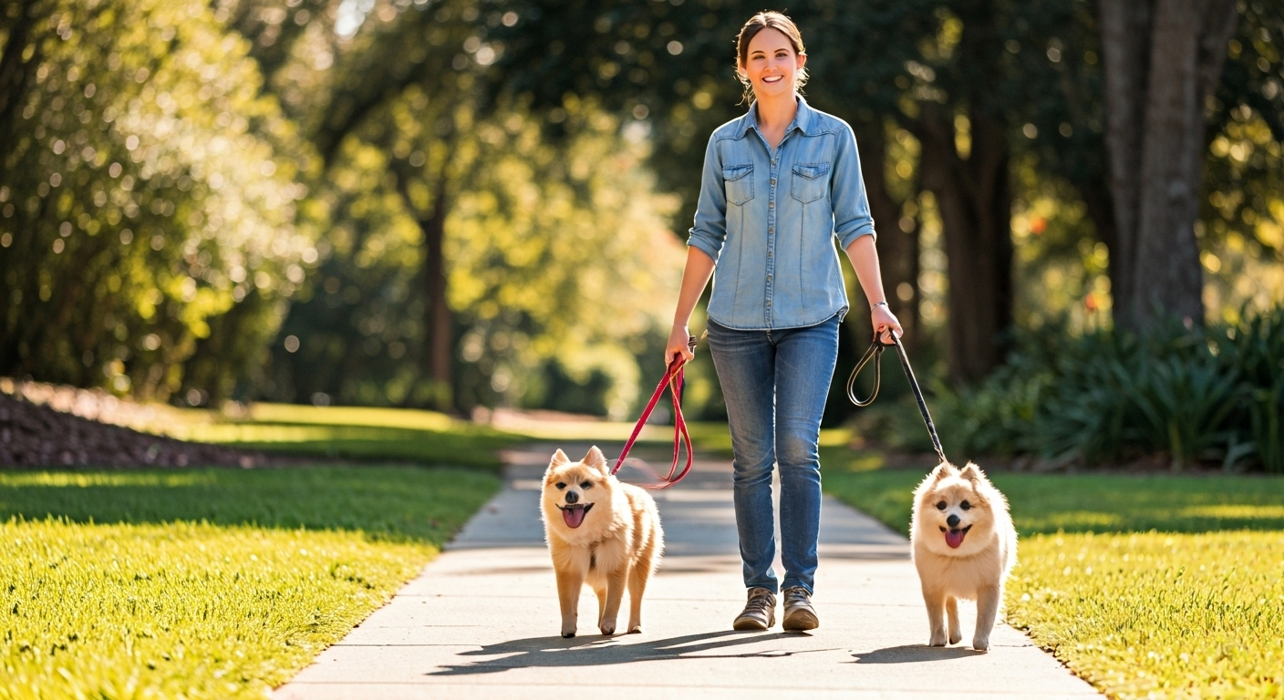 Dog walker with dogs in park