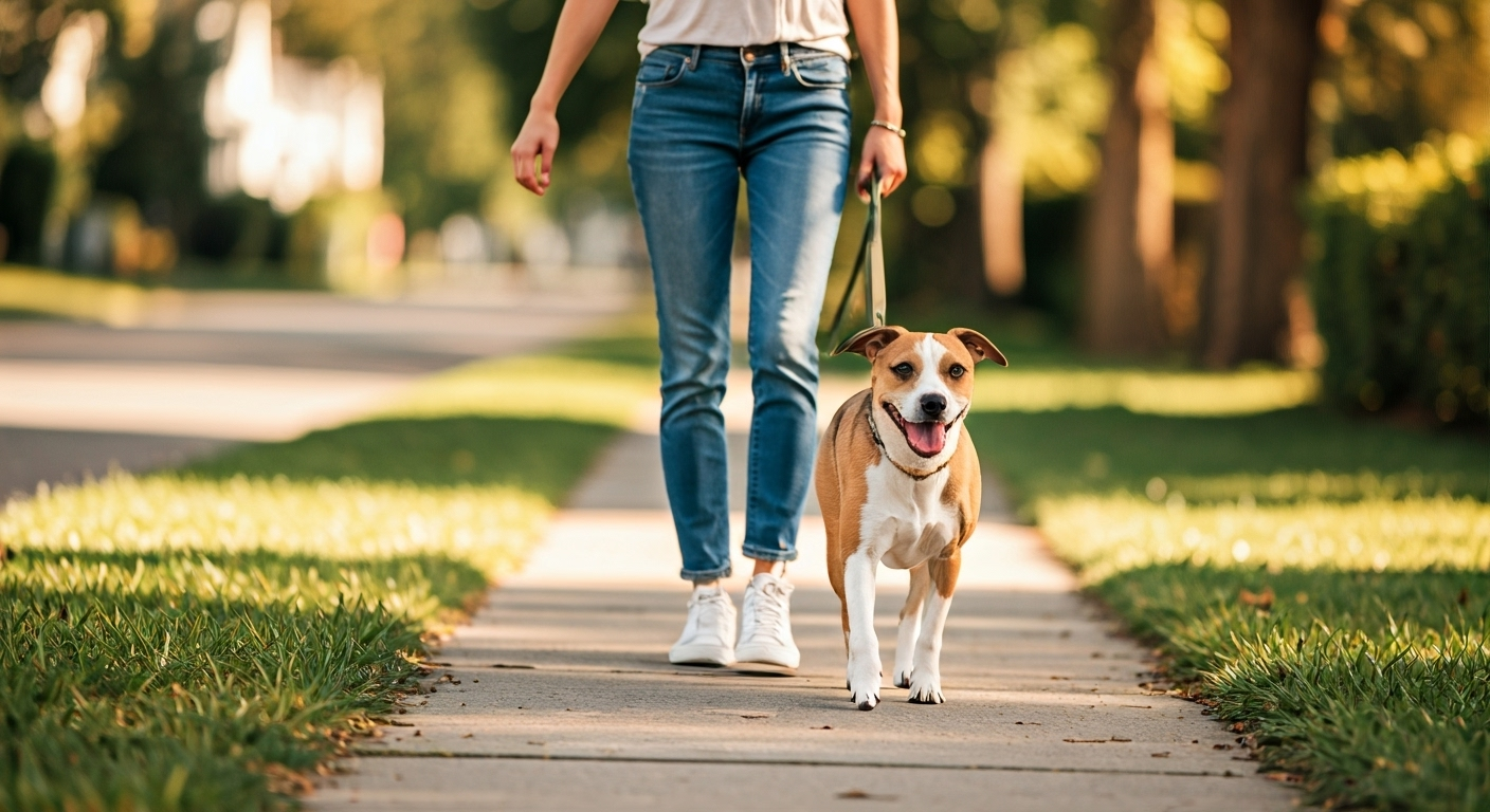Dog walker with dog on sidewalk