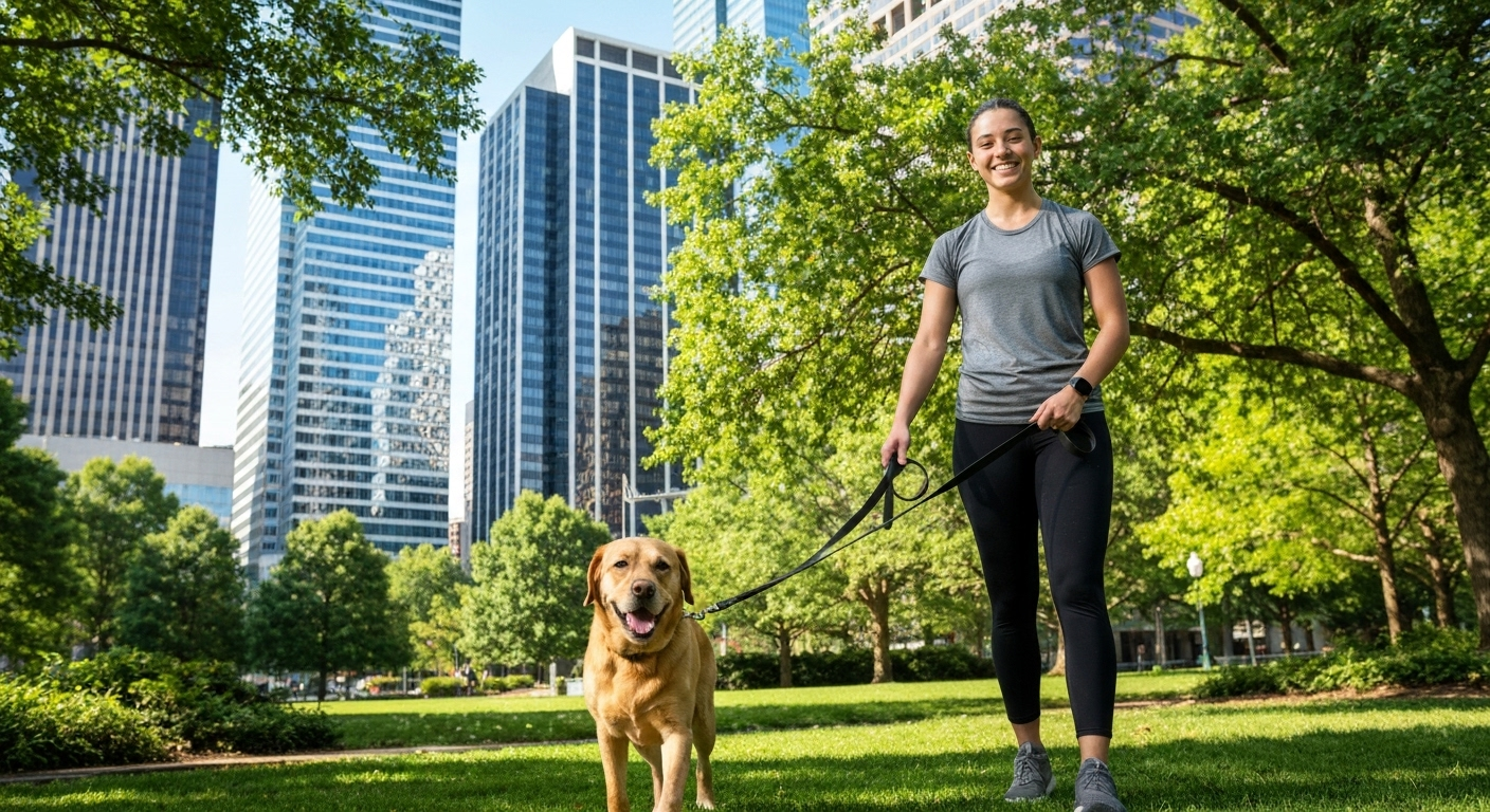 Dog walker with pet in city park.