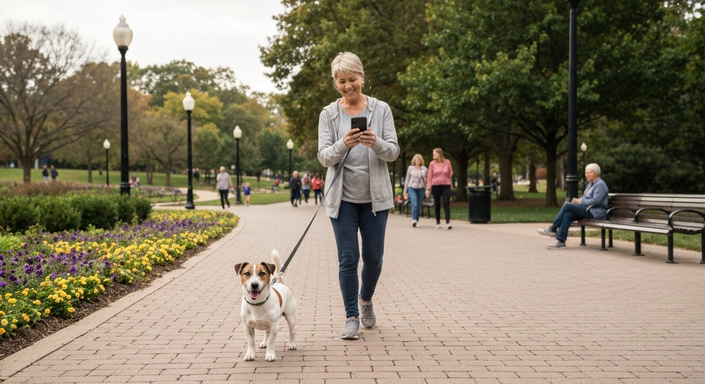 Dog walking with smartphone update.
