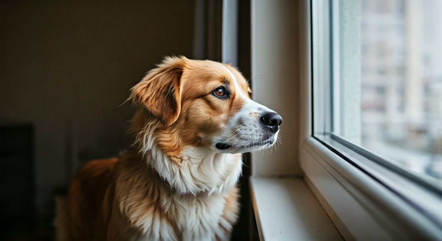 Dog waiting by window indoors