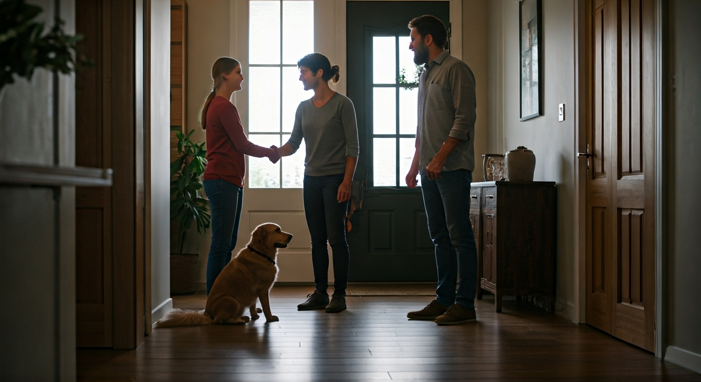 Owner meets walker at door