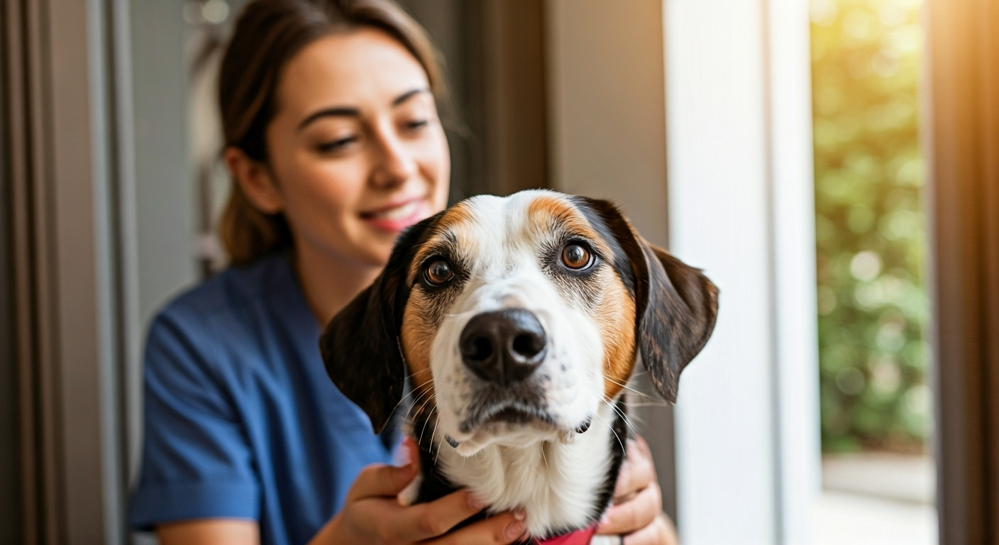 Pet sitter greeting dog at door