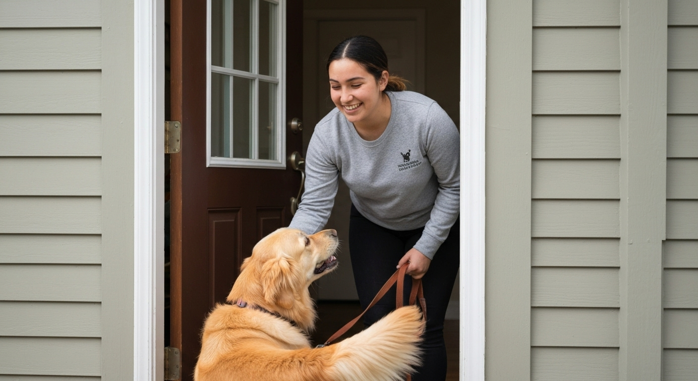 Pet sitter greets dog at home