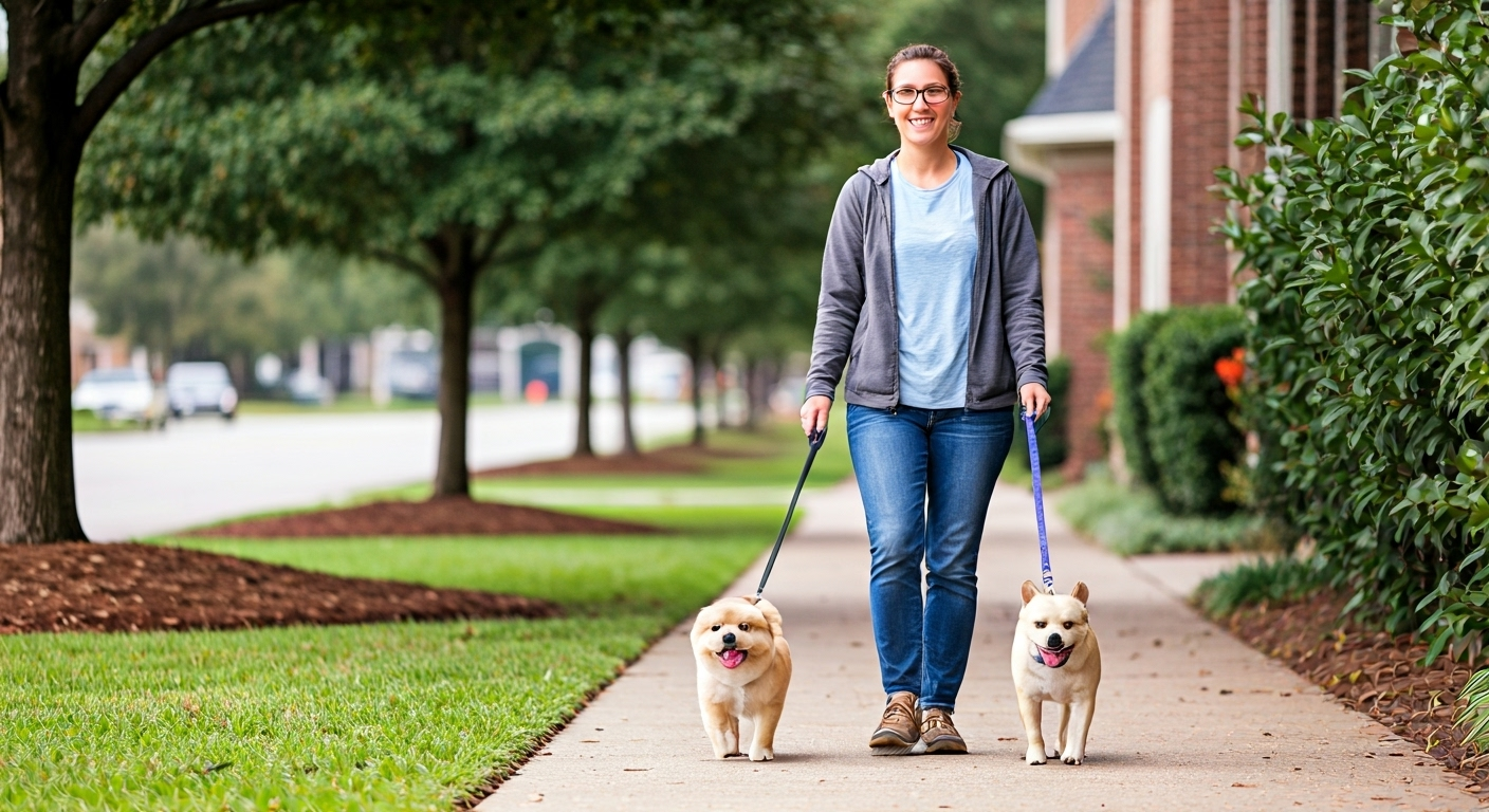 Dog walker with dogs in suburb