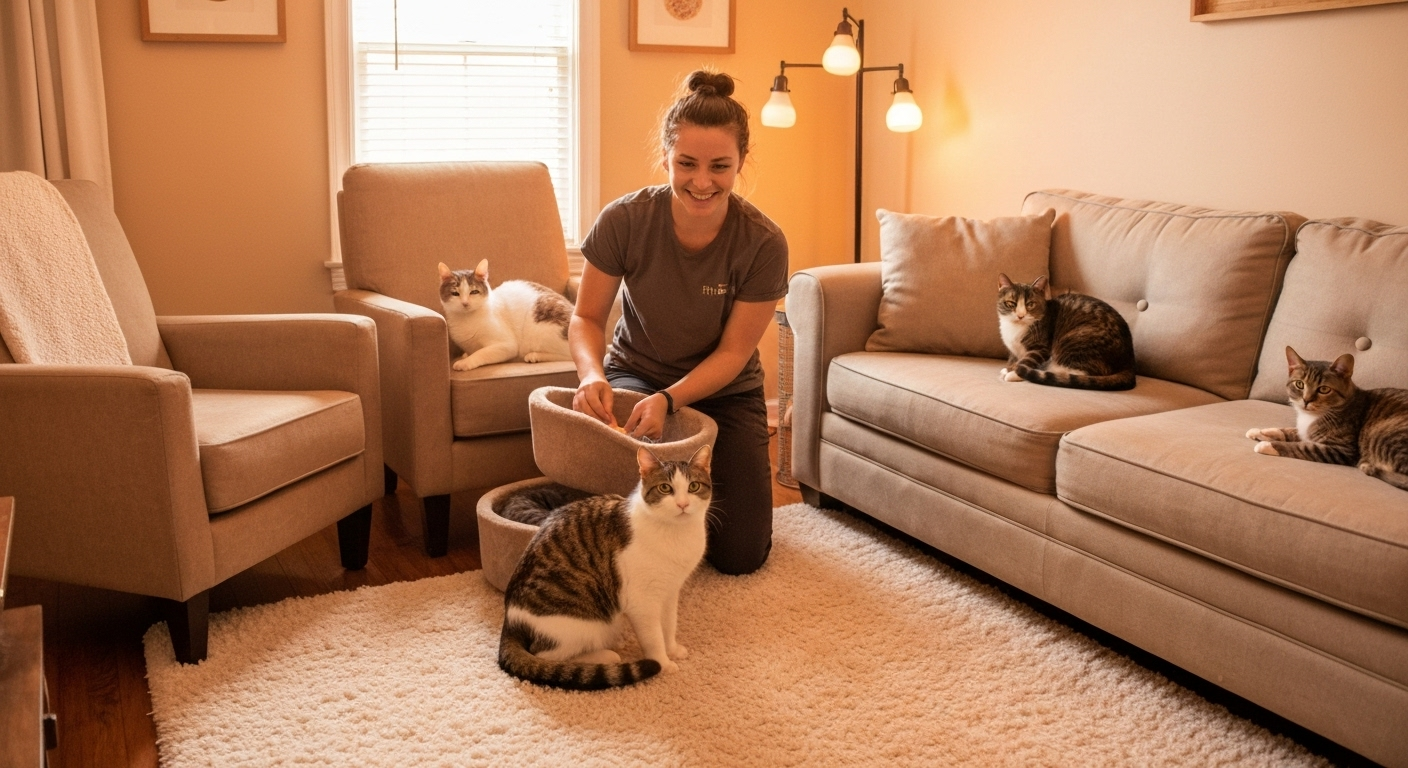 Pet sitter with several relaxed cats