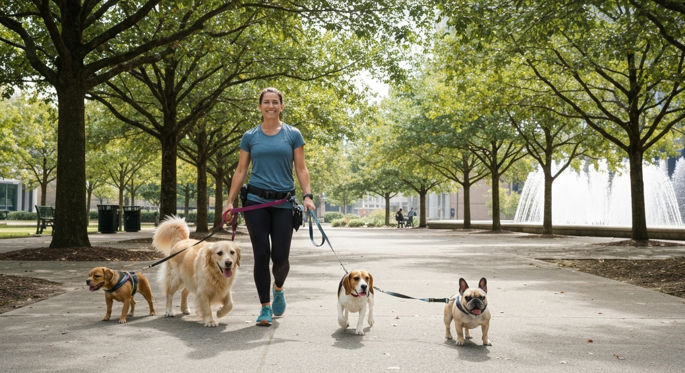 Professional dog walker in city park.