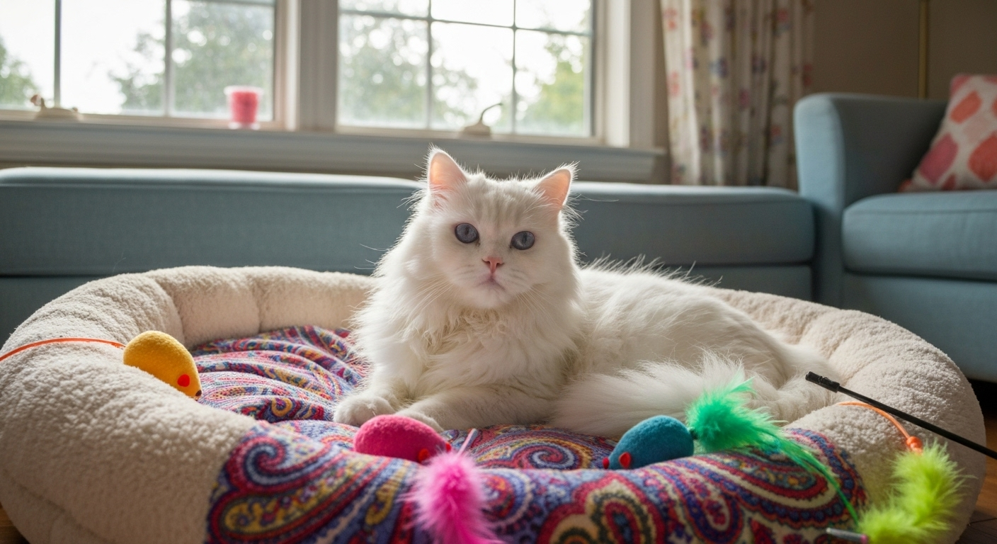 Cat relaxing in cozy home setting.
