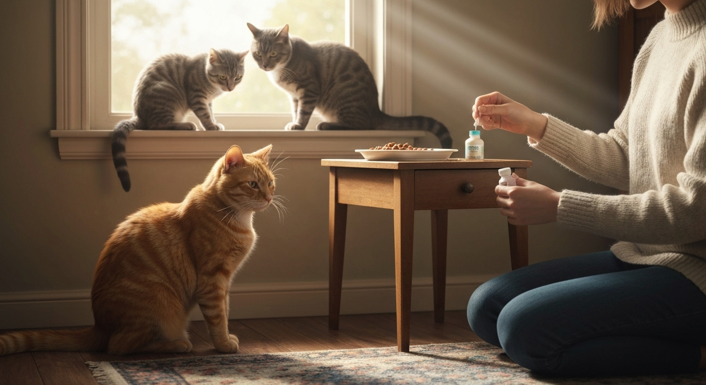 Calm multi-cat home scene.