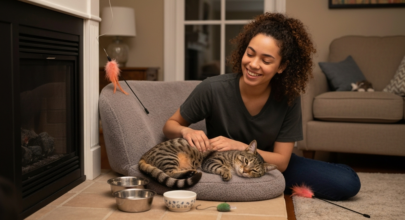 Cat sitter caring for relaxed cat.