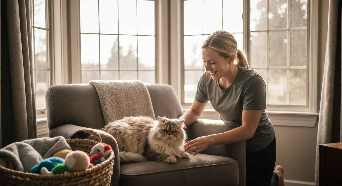 Cat sitter caring for cat in home