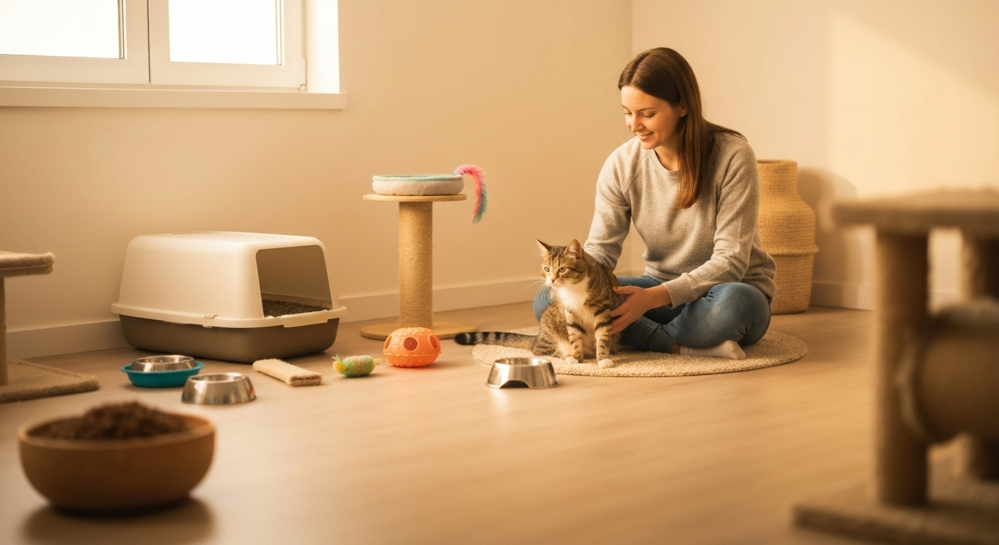 Cat care essentials in cozy room