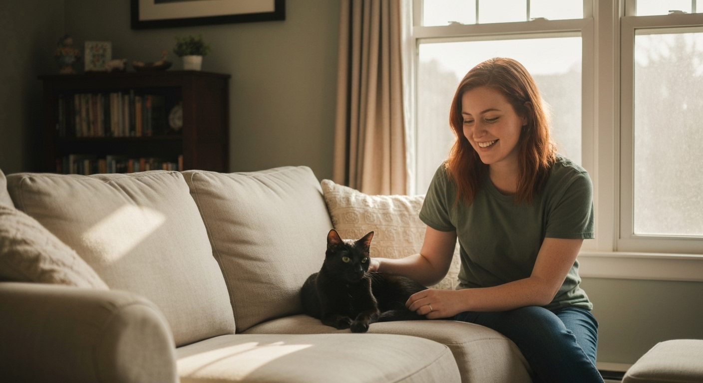 Pet sitter caring for relaxed cat