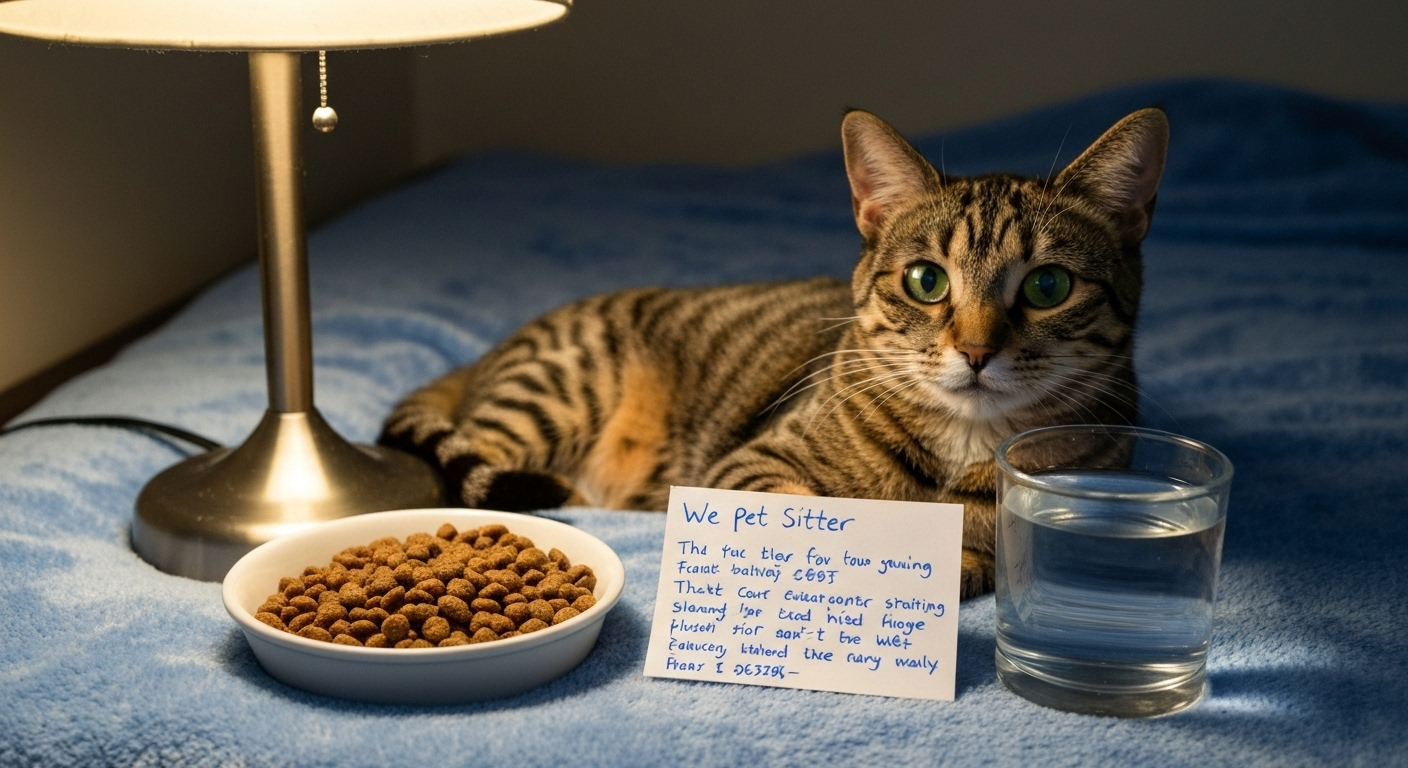 Cat relaxing with sitter note nearby