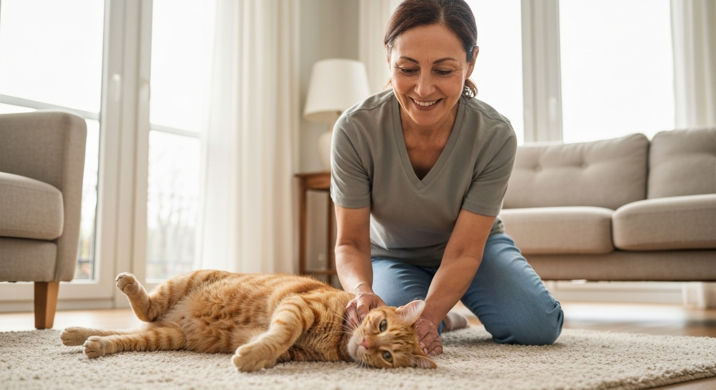Pet sitter plays with cat at home