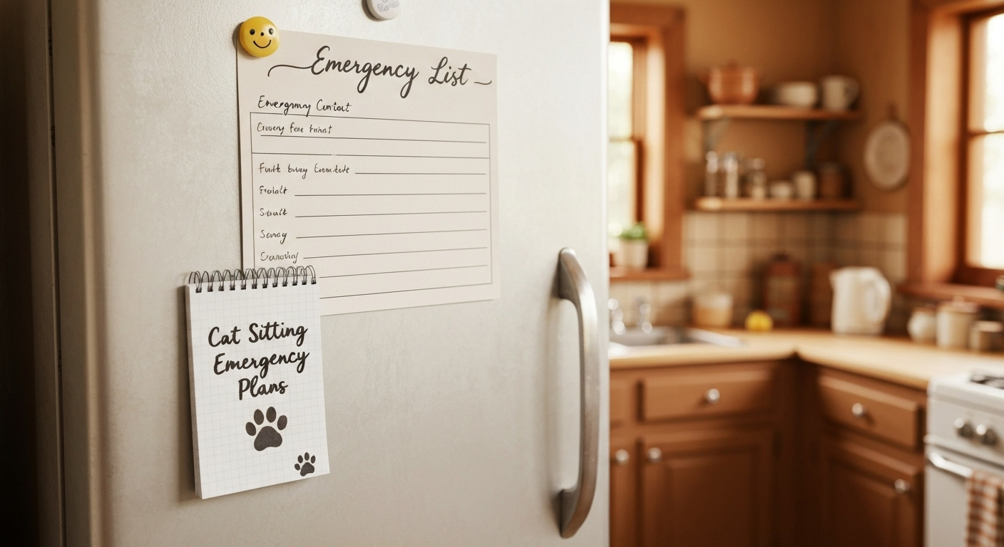 Emergency plan list on fridge door.