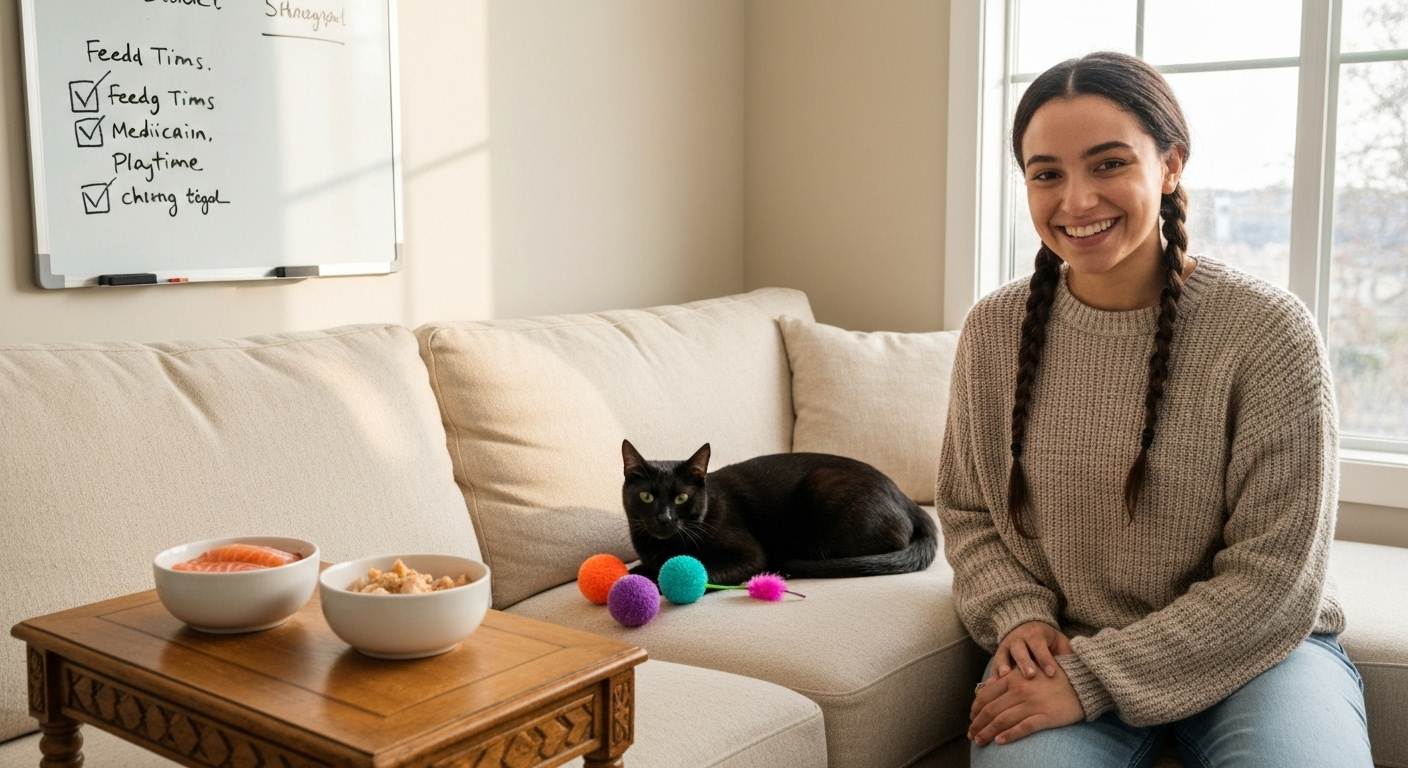 Cat sitter caring for cat at home
