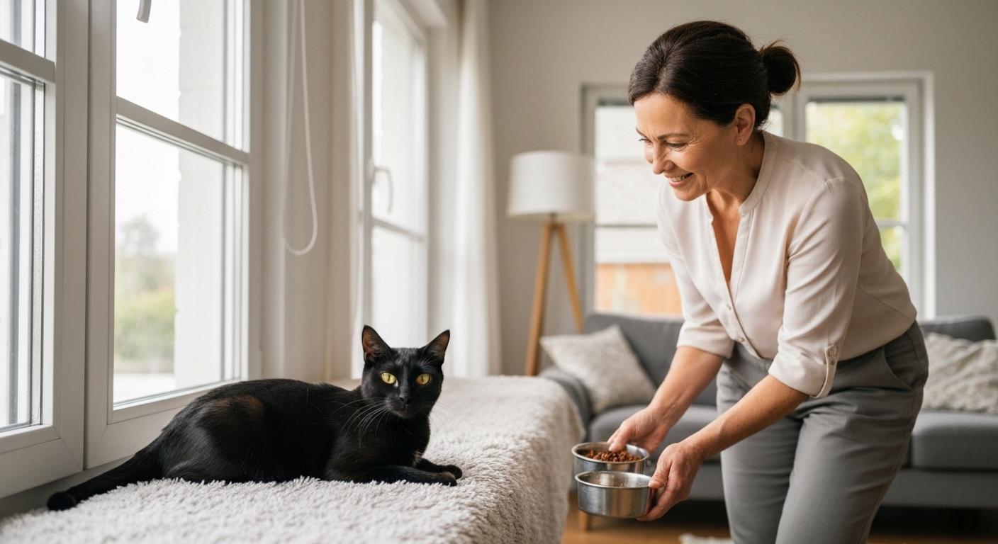 Cat with pet sitter at home