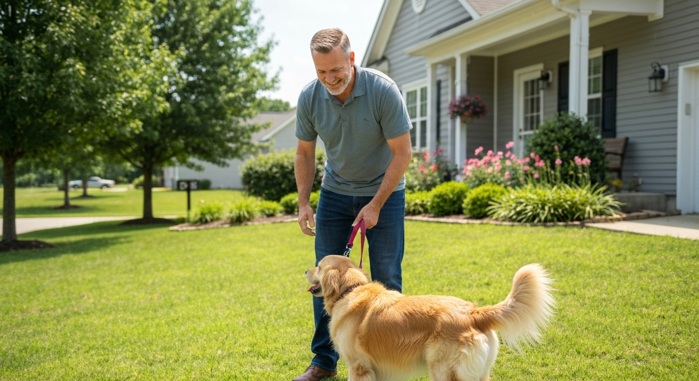 Dog walker greeting happy dog