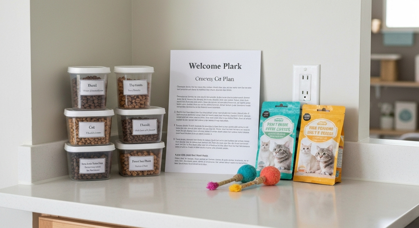 Organized cat care supplies and checklist.