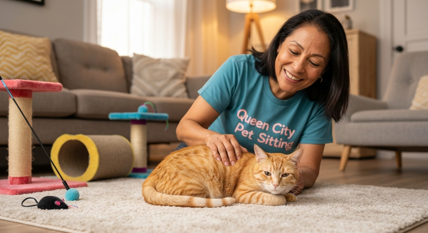 Cat sitter in branded shirt with cat