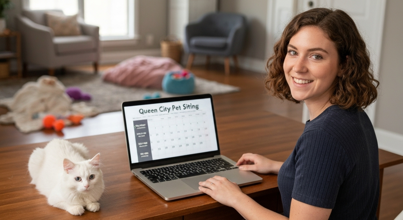 Cat sitter with Queen City Pet Sitting laptop.