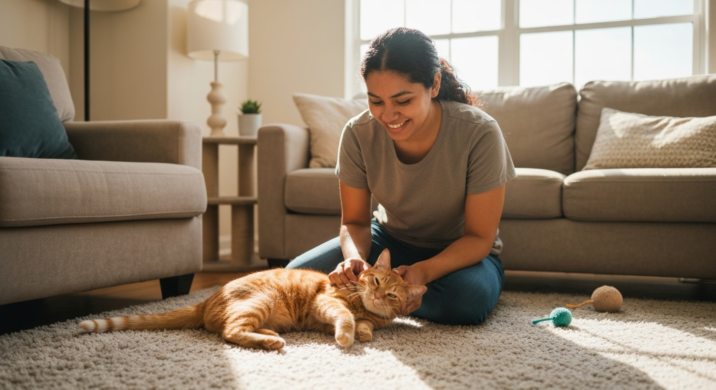Pet sitter caring for cat Charlotte