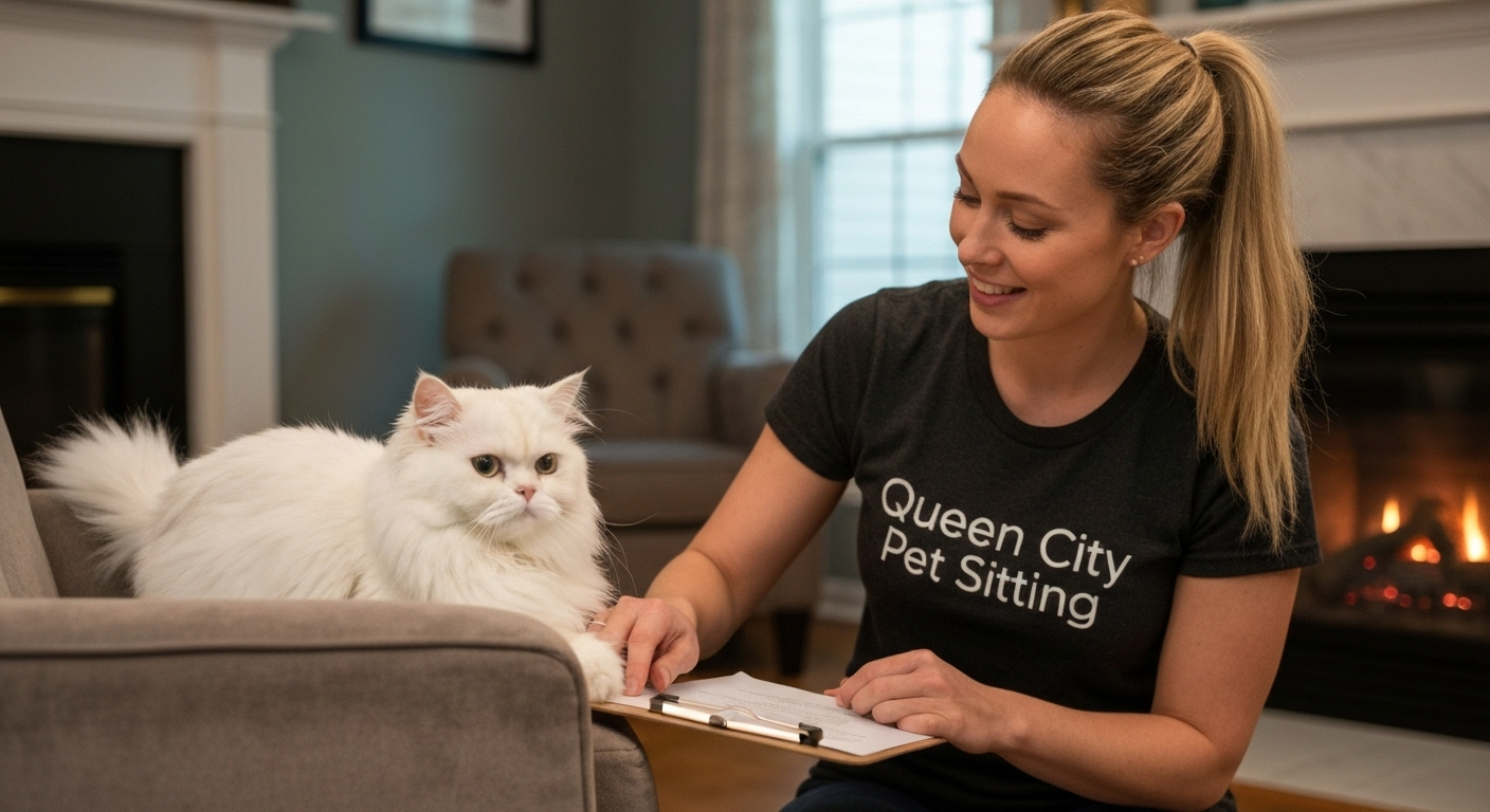 Cat sitter with Queen City Pet Sitting branding